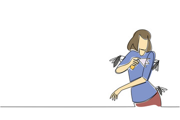 Single line drawing illustration for Insect Repellent Awareness Day of a woman surrounded by mosquitoes while spraying repellent, emphasizing health, hygiene, prevention, and outdoor safety awareness.