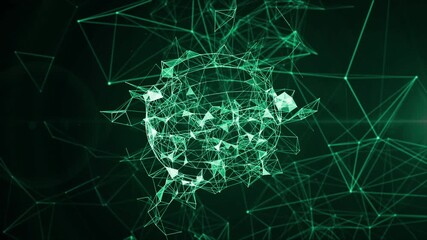 Conceptual illustration of a digital network sphere, with a complex plexus of connections representing global data, futuristic technology, or a microscopic virus