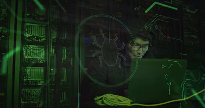 IT tech troubleshooting laptop among server racks with yellow cable and green bug circuit overlay