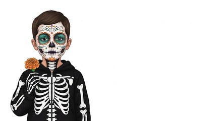 Boy in skeleton costume with sugar skull makeup holding flower for Day of the Dead  