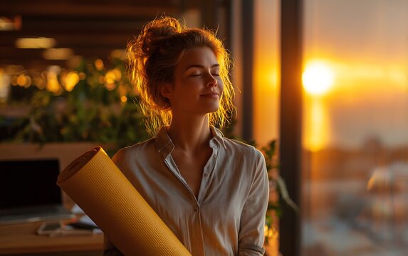 Businesswoman balancing work and yoga mat in office while holding a roll of paper for planning
