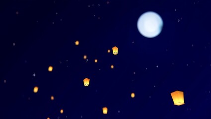 Fantasy full moon with floating lanterns rising into night sky, magical and dreamy scene