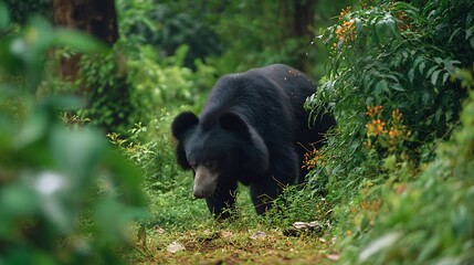 Naklejka premium A solitary asiatic black bear forages for food in the lush green foliage of a dense forest environment