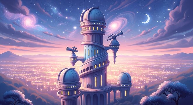 An enchanting digital painting of a space observatory featuring telescopes under a dreamy night sky filled with stars and galaxies over a vibrant city.