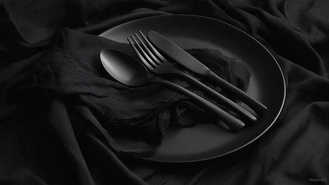 Black and white table setting with a plate and shiny cutlery on soft fabric background, minimalist elegant style.