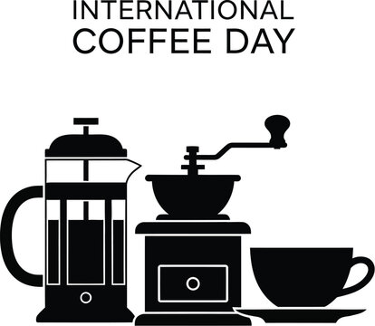 International coffee day vector illustration with french press, grinder and cup drink concept