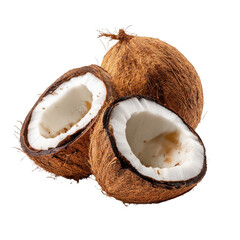 Freshly harvested coconuts reveal their white flesh with brown husk, showcasing natural textures and hues