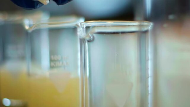 Lab equipment dispensing clear liquid into container, sterile environment, close-up view