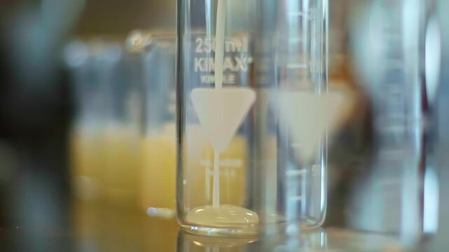 Clear fluid filling small lab beaker, slow controlled pour, clinical background