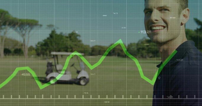 Smiling golfer in polo shirt standing on fairway, with white golf cart, chart overlay, copy space