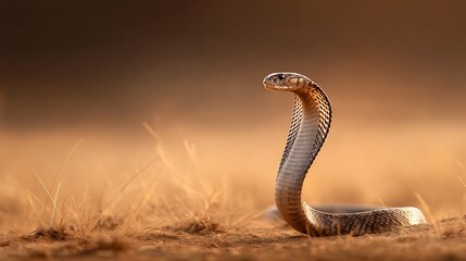 Indian cobra is raising its head and preparing to strike, showcasing its majestic and dangerous presence