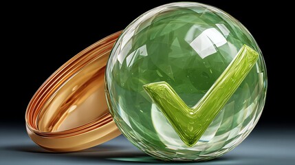 Crystal Sphere with Green Check Mark Beside a Gold Ring