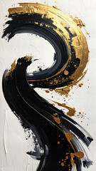 Abstract Black and Gold Curved Brushstroke on White