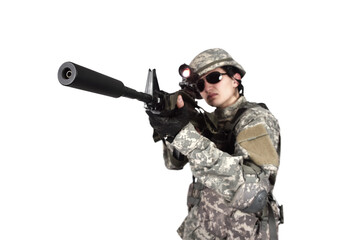 Fototapeta premium A soldier aims his rifle through a scope before firing