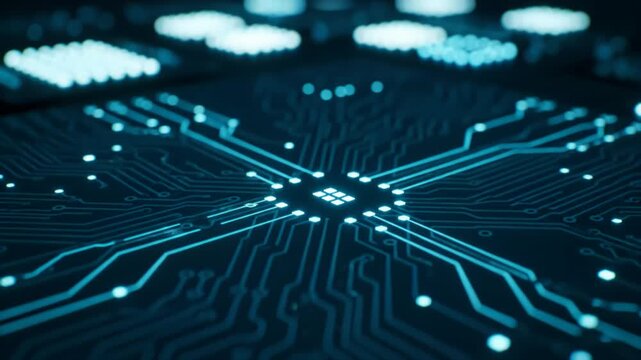 Tech circuit pixels light up with turquoise traces and bokeh