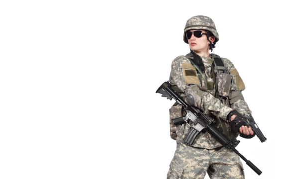 Soldier with a pistol in his hands prepares to shoot