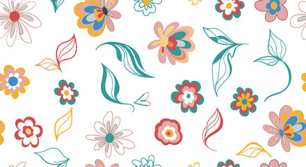 Whimsical retro floral patterns with organic shapes and natural motifs in a soft pastel color palette
