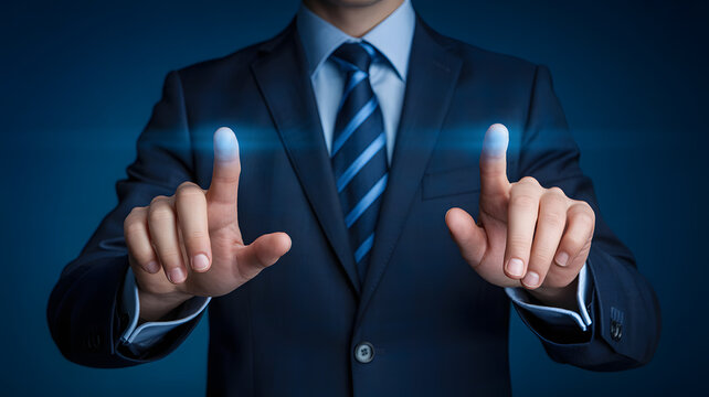 Business professional touches futuristic glowing interface for data