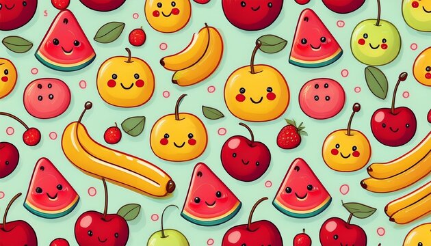 seamless kawaii fruit pattern cute apple banana watermelon and cherry background