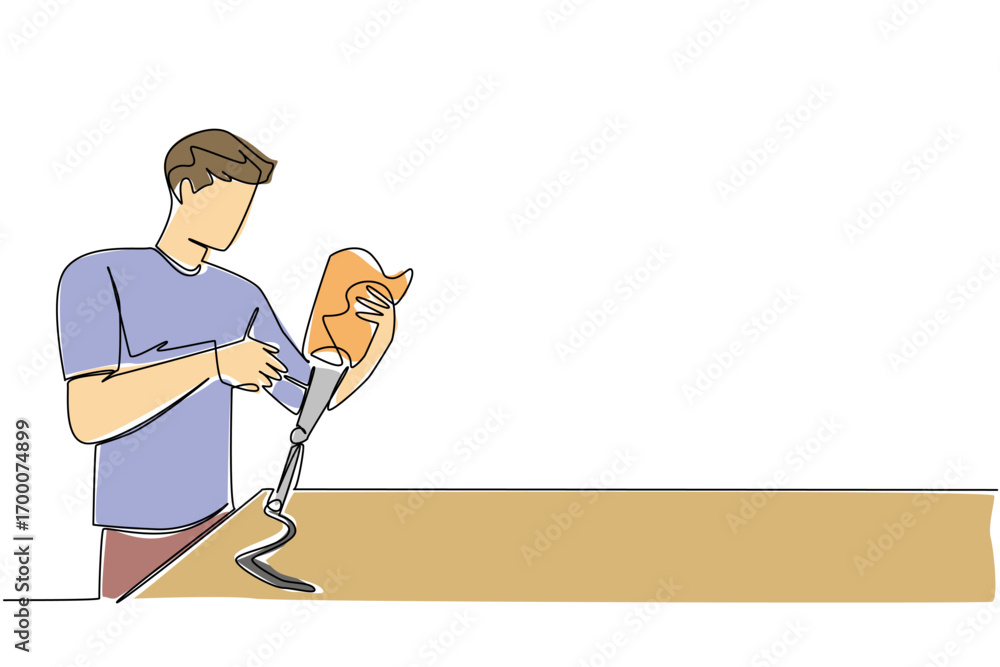 Poster a single line draw of a young man with prosthetic leg adjust its socket on a table. symbolizing inno
