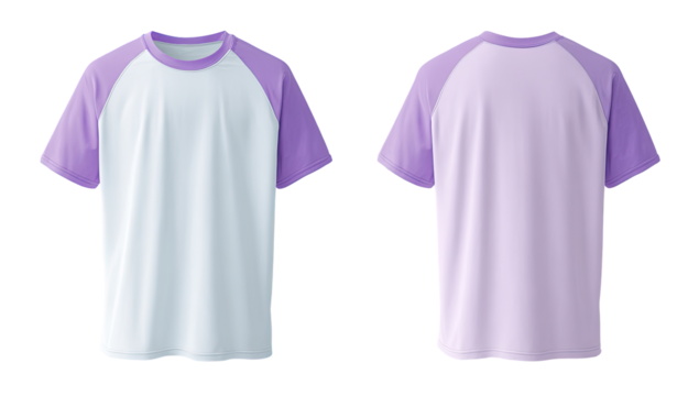 Front and back view of a light purple and white t-shirt with raglan sleeves (1)