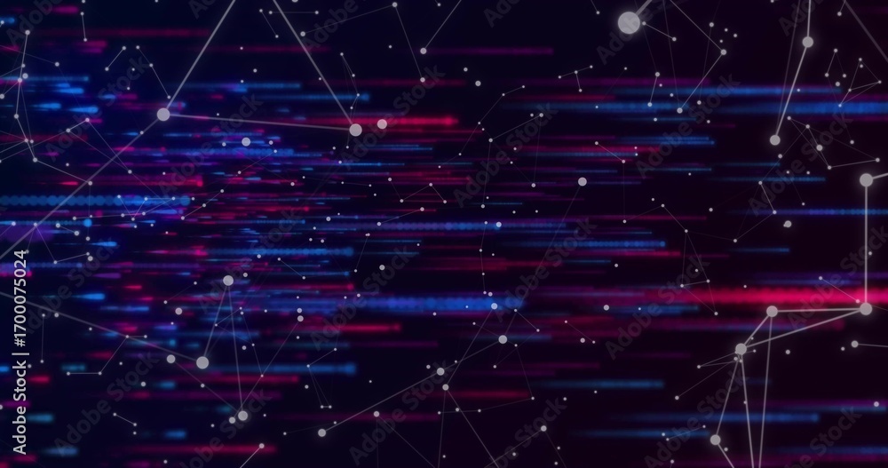 Poster showing digital network connecting nodes flowing across cyberspace, with neon streaks and particles
