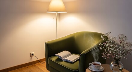 Cozy reading nook with a plush green armchair lamp open book and soft blanket for relaxation