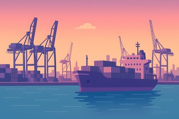Vector illustration of a container ship docked at Mumbai port with cranes, stacked cargo, and industrial skyline at sunset.