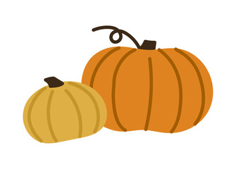 Pumpkin with green stem, round orange vegetable, autumn harvest crop for seasonal cooking, Halloween decoration and October holiday symbol, fall squash food icon flat vector illustration.