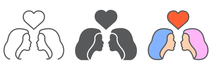 Lesbian couple icon, lgbt and heart, female couple sign vector graphics, editable stroke linear icon, eps 10.