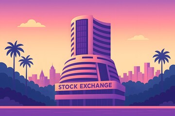 Vector art of the iconic Bombay Stock Exchange (BSE) building in Mumbai surrounded by city skyline and palm trees under a vibrant sunset.