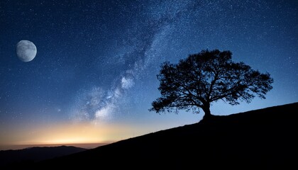 silhouette of a tree on a hill against a night sky with stars and moon
