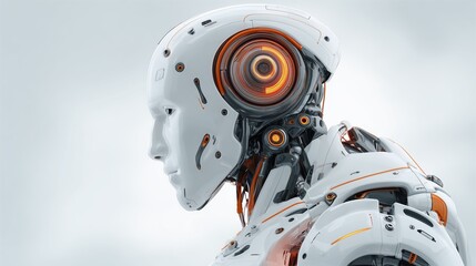 Fototapeta premium photograph of a white robot, facing to the right in profile view, isolated against a light background. a 3d rendering with a beautiful design, featuring orange led eyes and a clean