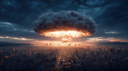 a massive mushroom cloud rising above an apocalyptic cityscape, symbolizing the impactful and evocative visual of nuclear war.