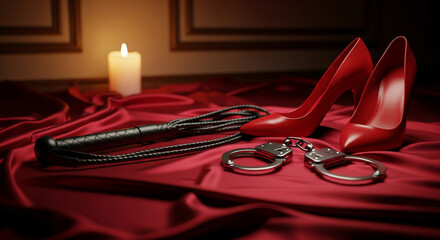 BDSM atmosphere, deviant sexual behavior with riding whip, handcuffs, red high heel shoes on silk fabric, sexy intimate atmosphere