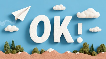 Paper Plane Flying Above Miniature Landscape with 'ok!' Message