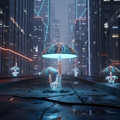 Glowing Circuit Mushrooms in a Cyberpunk Cityscape