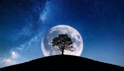 Naklejka premium silhouette of a tree on a hill against a full moon and starry night sky