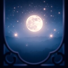 Radiant Full Moon Over Mystical Mountains Through Archway