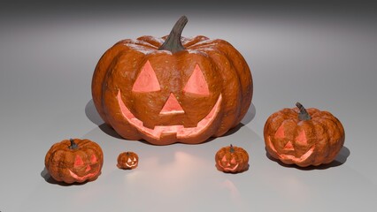 Decorated pumpkins glow brightly in a Halloween display with cheerful expressions against a neutral backdrop