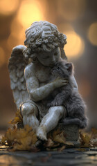 Fototapeta premium Sun-weathered stone angel statue holding a small gray kitten against an autumn landscape