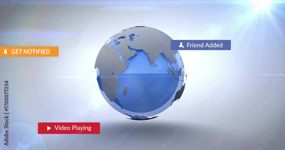 Aufkleber rotating 3d globe floating in digital interface, with ui notification panels and lens flare