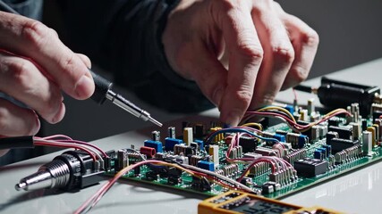 Close-up video shot of hands soldering a circuit board, showcasing intricate electronic components. Captured from a side angle for detailed focus. - Powered by Adobe