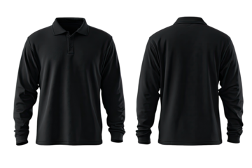 Black polo shirt, long sleeves, front and back view