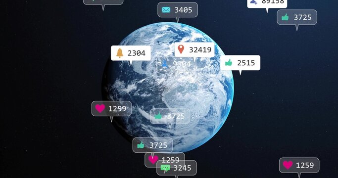 Naklejki Floating Planet Earth in dark space backdrop, showcasing social media icons with count badges