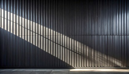 Obraz premium Diagonal shadows fall across a dark corrugated metal wall, highlighting the texture and creating an intriguing pattern.