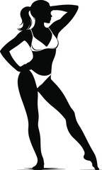 Beautiful Woman Posing Confidently in a White Two-Piece Bikini. Black Silhouette Vector Illustration. Summer, Beach, Fashion, Body Positivity.