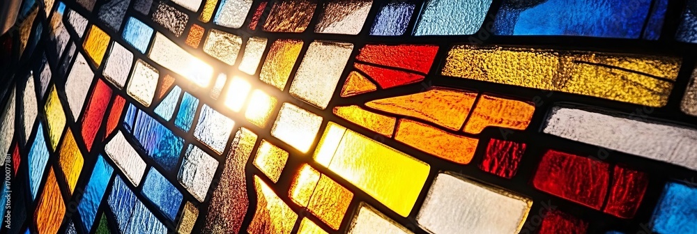 Poster sunlight through colorful stained glass, creating beautiful patterns and vibrant reflections