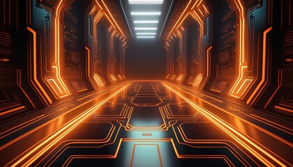 futuristic hallway with glowing orange circuit pattern on dark concrete floor
