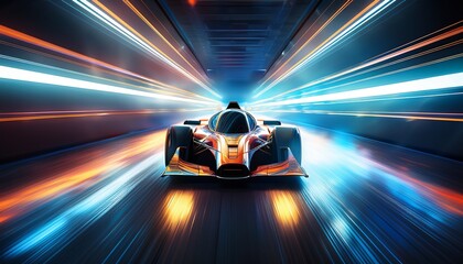 futuristic race car speeding through a dark tunnel
